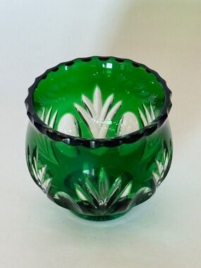 VINTAGE Emerald Art Glass Crystal Votive Starbursts Floral Motifs MCM